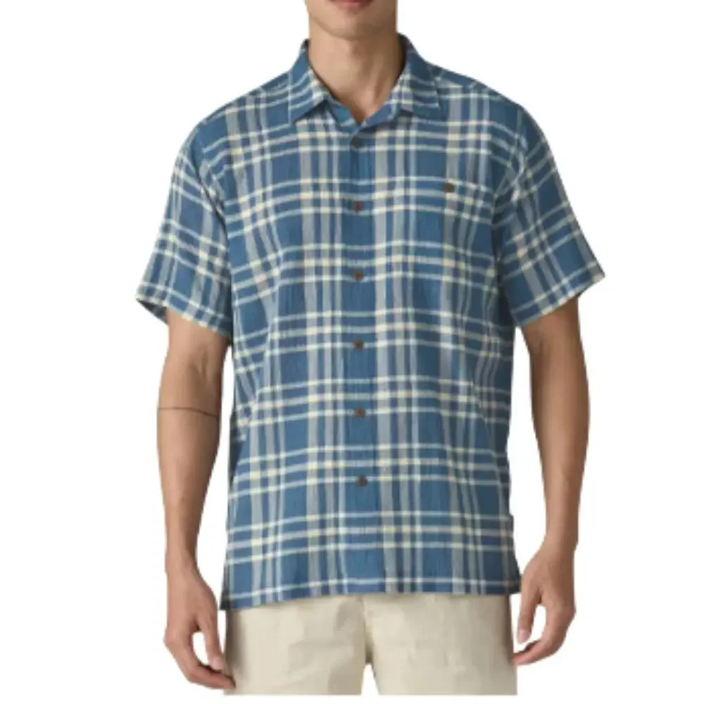 PATAGONIA Puckerware Plaid Short Sleeve Shirt Men M Blue Classic Crinkle Resort